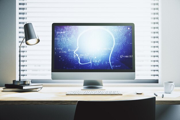 Concepto creativo de inteligencia artificial con holograma de cabeza humana en la pantalla de un portátil moderno 3D Rendering