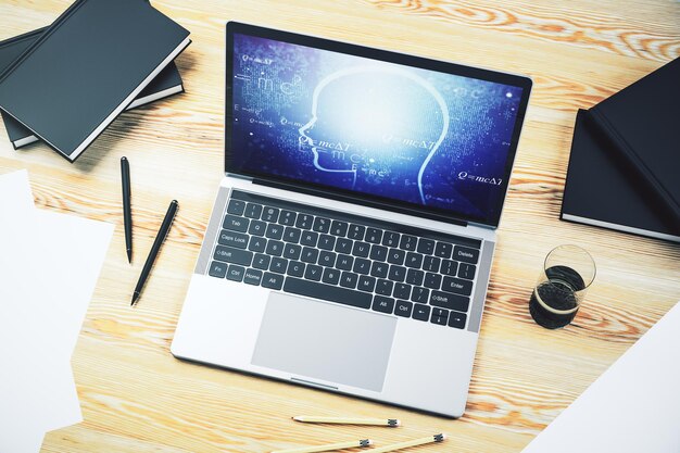 Concepto creativo de inteligencia artificial con holograma de cabeza humana en la pantalla de un portátil moderno 3D Rendering