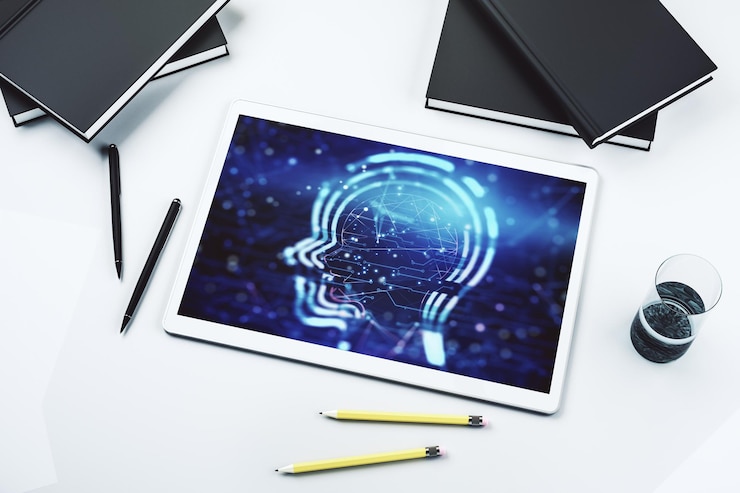 Foto concepto creativo de inteligencia artificial con holograma de cabeza humana en la pantalla de tableta digital moderna vista superior representación 3d