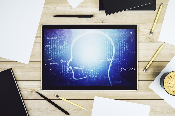 Foto concepto creativo de inteligencia artificial con holograma de cabeza humana en la pantalla de tableta digital moderna vista superior representación 3d