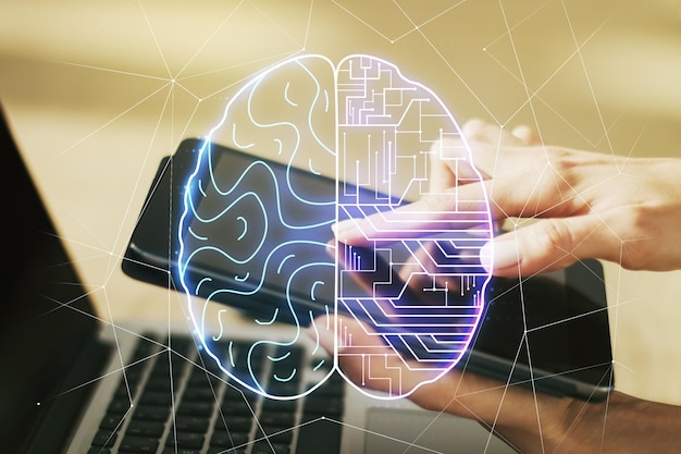 Foto concepto creativo de inteligencia artificial con holograma del cerebro humano y clics con los dedos en una tableta digital en el fondo multiexposición