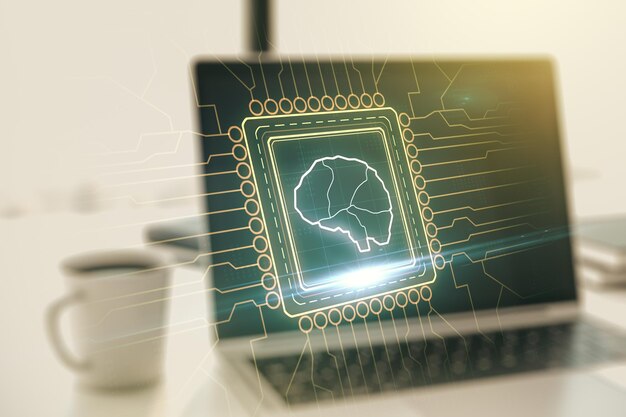 Concepto creativo de inteligencia artificial con holograma del cerebro humano en el fondo de una computadora portátil moderna Multiexposición