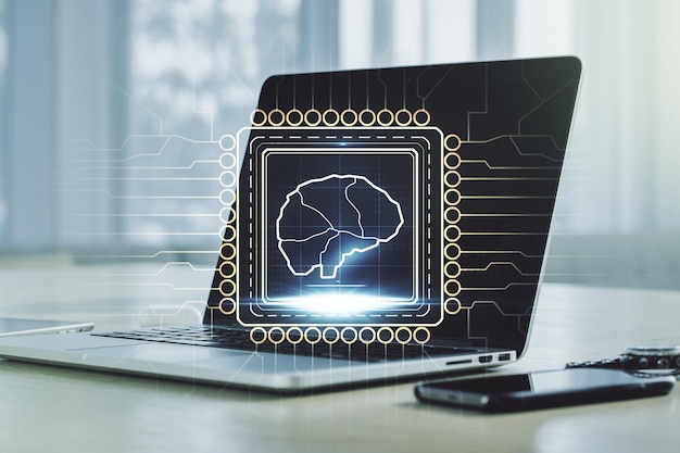 Concepto creativo de inteligencia artificial con holograma del cerebro humano en el fondo de una computadora portátil moderna Multiexposición