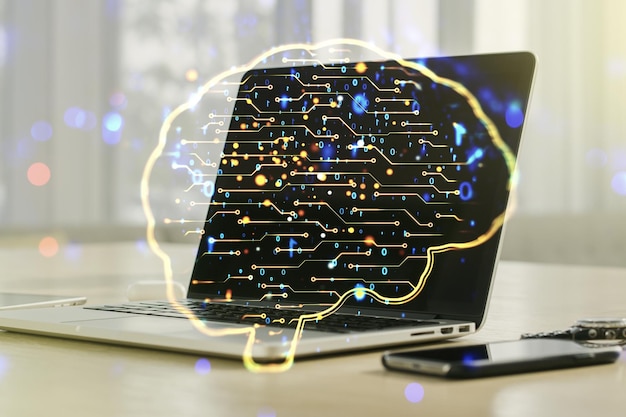 Concepto creativo de inteligencia artificial con holograma del cerebro humano en el fondo de una computadora portátil moderna Multiexposición