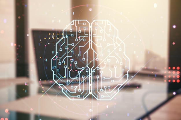 Concepto creativo de inteligencia artificial con holograma del cerebro humano en el fondo de una computadora portátil moderna Multiexposición