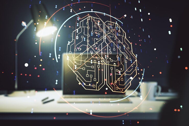 Foto concepto creativo de inteligencia artificial con holograma del cerebro humano en el fondo de una computadora portátil moderna multiexposición