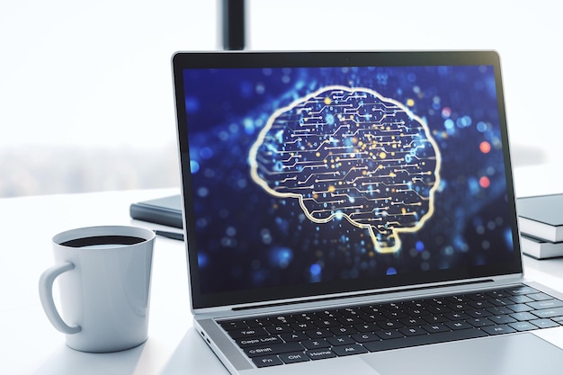 Concepto creativo de inteligencia artificial con holograma del cerebro humano en la representación 3D de la pantalla del portátil moderno