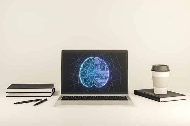 Concepto creativo de inteligencia artificial con holograma del cerebro humano en la representación 3D de la pantalla del portátil moderno