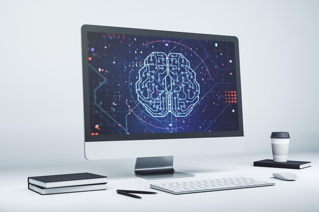 Concepto creativo de inteligencia artificial con holograma del cerebro humano en la representación 3D de la pantalla del portátil moderno