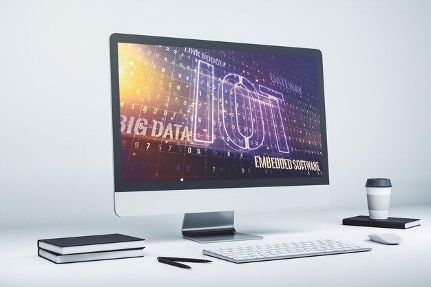 Concepto creativo de IOT en la representación 3D de la pantalla del portátil moderno