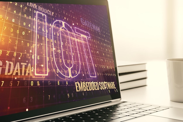Concepto creativo de IOT en la representación 3D de la pantalla del portátil moderno
