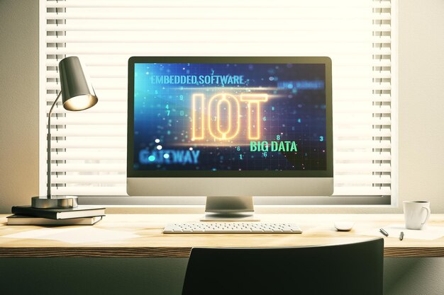 Concepto creativo de IOT en la representación 3D de la pantalla del portátil moderno