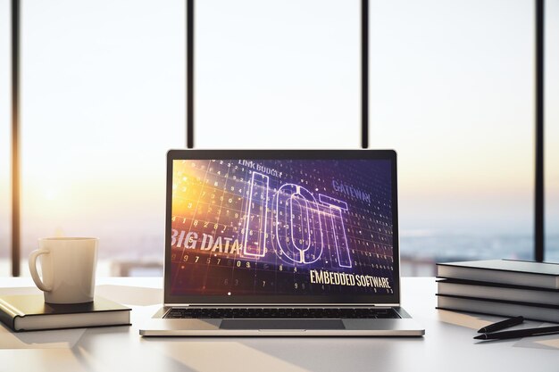 Concepto creativo de IOT en la representación 3D de la pantalla del portátil moderno