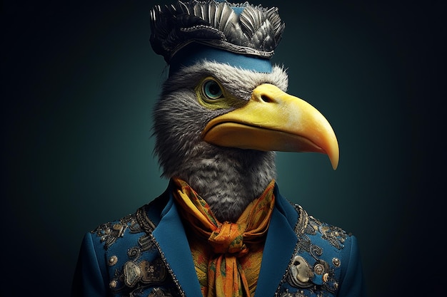 Foto concepto creativo de un pájaro antropomórfico con un atuendo elegante