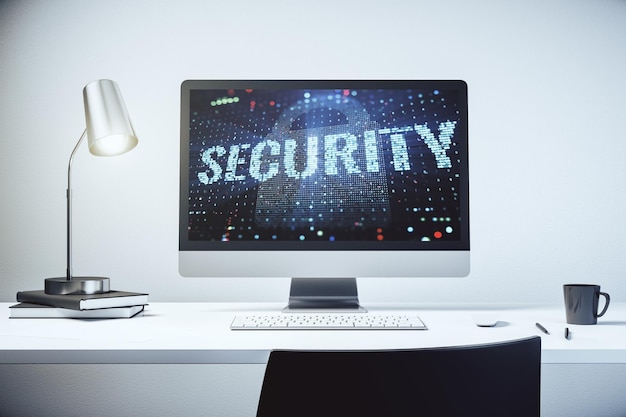 Concepto creativo de seguridad cibernética en un monitor portátil moderno Renderización en 3D