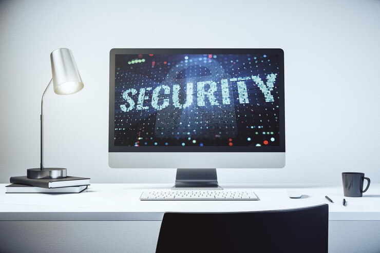 Foto concepto creativo de seguridad cibernética en un monitor portátil moderno renderización en 3d