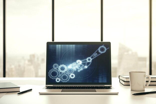 Concepto creativo de tecnología robótica en la pantalla de una computadora portátil moderna Desarrollo de robots y concepto de automatización Renderización 3D