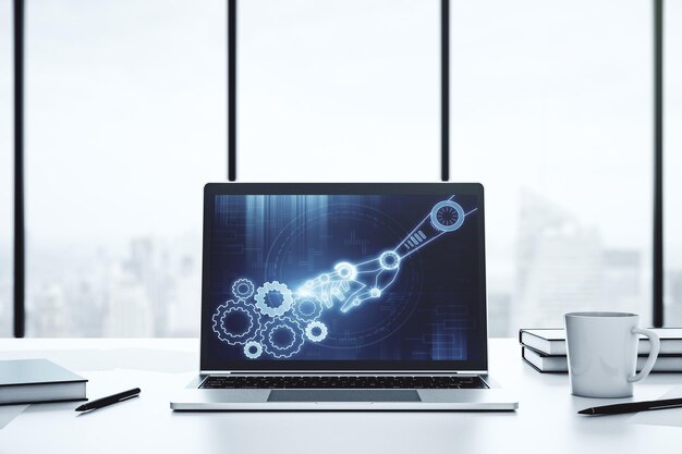 Concepto creativo de tecnología robótica en la pantalla de un portátil moderno Concepto de automatización y desarrollo de robots Representación 3D