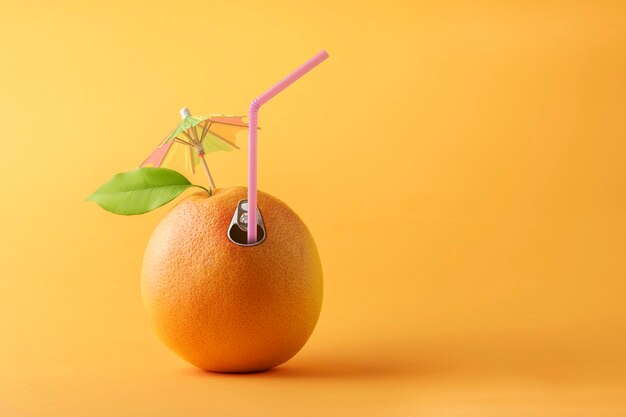 Concepto creativo de verano con espacio de copia Naranja jugosa con paja y paraguas sobre fondo naranja