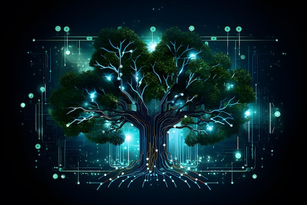 Foto concepto de crecimiento de árboles en el fondo de la tecnología futurista ia generativa