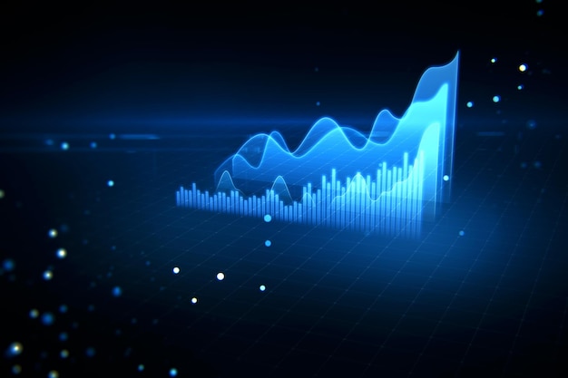 Concepto de crecimiento de la economía y el mercado de divisas con diagrama de gráfico financiero ascendente azul digital y gráficos sobre fondo oscuro abstracto con renderizado 3D de puntos claros