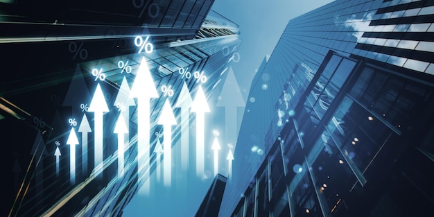 Concepto de crecimiento empresarial con flechas hacia arriba y edificios
