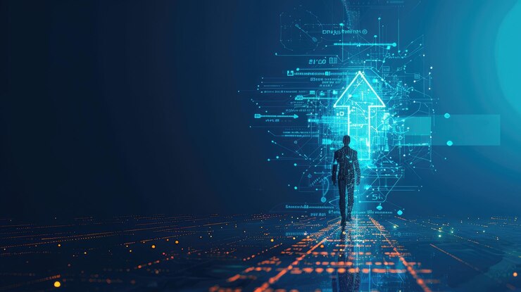 Concepto de crecimiento empresarial futurista con una persona de negocios caminando por un camino de flecha hacia arriba y datos digitales