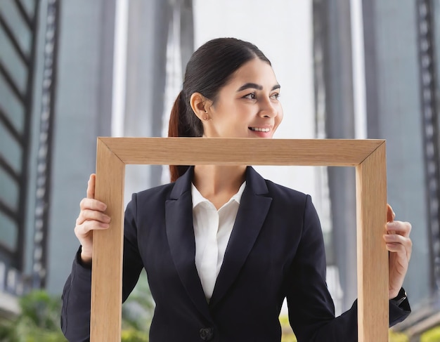 Foto concepto de crecimiento empresarial joven figura de mujer de negocios mirando fuera de cuadro