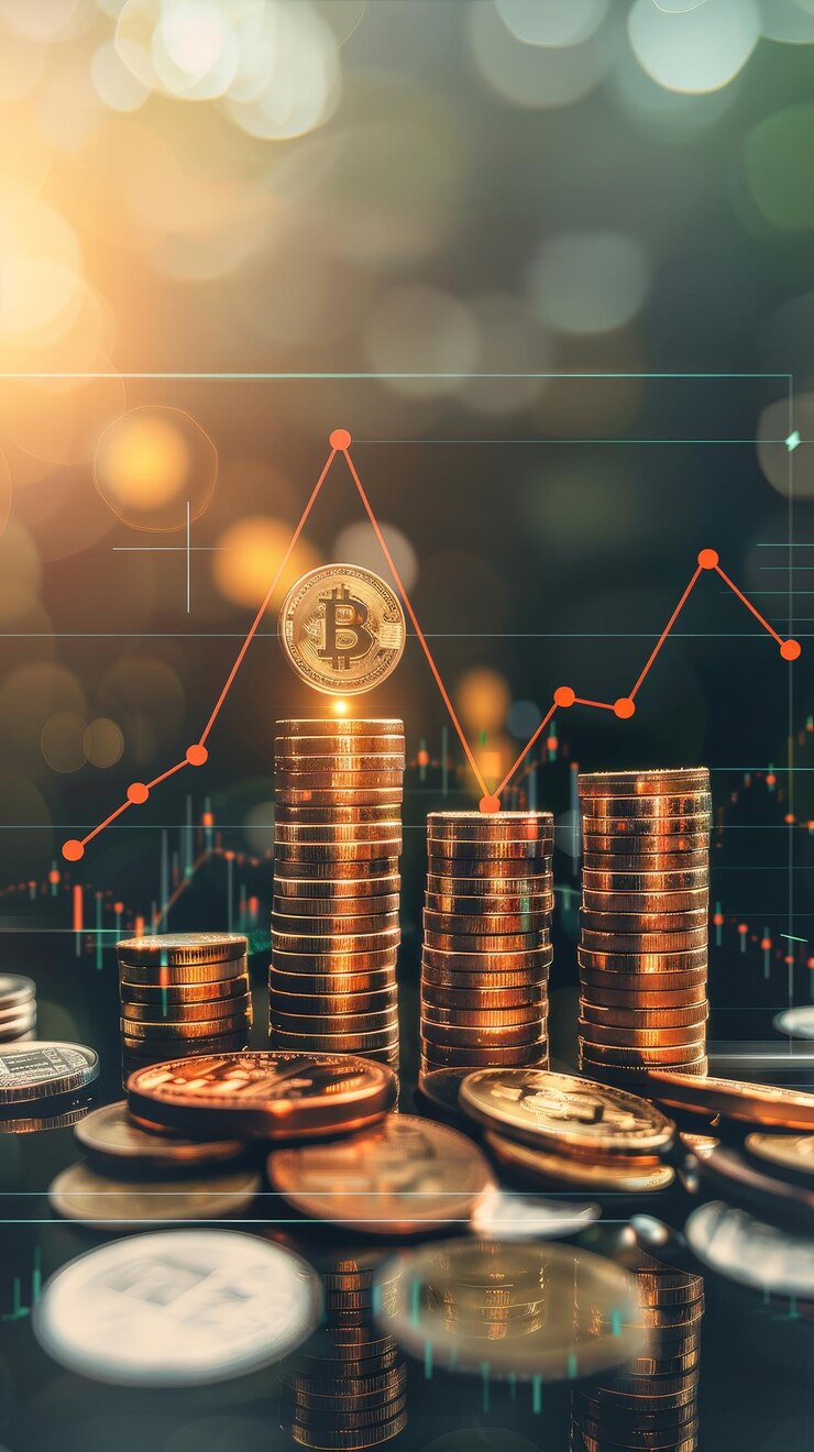 Concepto de crecimiento financiero con gráfico de barras y monedas en el escritorio Estrategia de inversión Visualización con espacio de copia Profundidad de campo