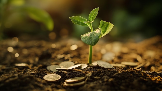 Foto concepto de crecimiento financiero planta que brota de una pila de monedas que simboliza la prosperidad en los negocios