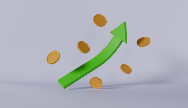 Concepto de crecimiento monetario Flecha verde hacia arriba y pilas de monedas Éxito financiero Crecimiento económico