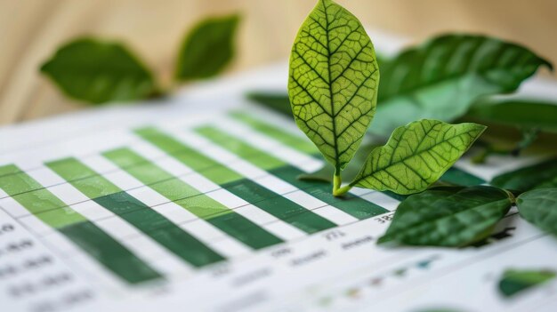 Concepto de crecimiento sostenible con hojas verdes en gráficos financieros que representan prácticas comerciales ecológicas