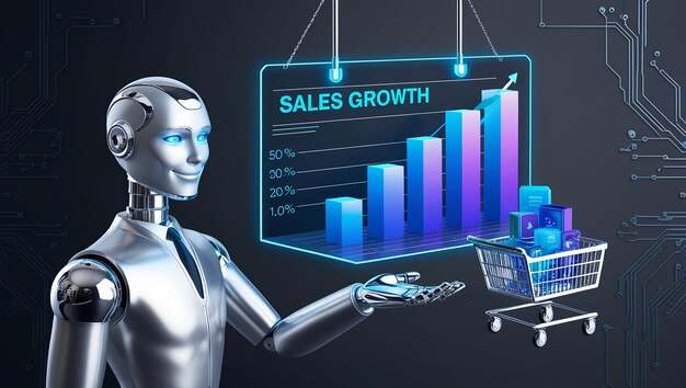 Concepto de crecimiento de ventas Con Business AI gráfico táctil de aumento del volumen de ventas con carrito de compras