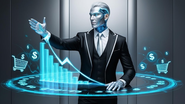 Concepto de crecimiento de ventas Con Business AI gráfico táctil de aumento del volumen de ventas con carrito de compras