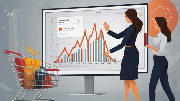 Foto concepto de crecimiento de ventas con business ai gráfico táctil de aumento del volumen de ventas con carrito de compras