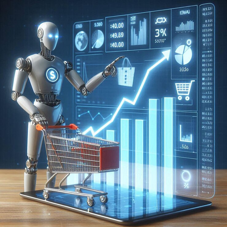 Foto concepto de crecimiento de ventas con business ai gráfico táctil de aumento del volumen de ventas con carrito de compras
