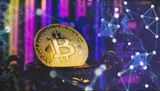 Concepto de criptomoneda Bitcoin dorado en la copa de los ganadores fondo placa base El futuro del dinero Equipo computacional