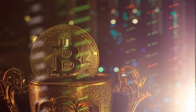 Concepto de criptomoneda Bitcoin dorado en la copa de los ganadores fondo placa base El futuro del dinero Equipo computacional