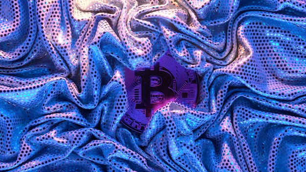 Concepto de criptomoneda Un bitcoin dorado rodeado por un textil azul brillante Pliegues en tela Ilustración 3d