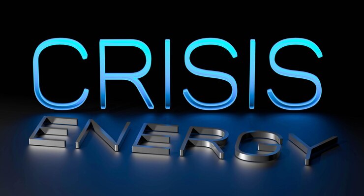 Foto concepto de crisis energética palabra metálica e iluminación de neón sobre fondo negro ilustración de renderizado 3d