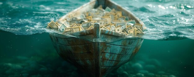 Concepto de crisis financiera con papel tapiz de barco que se hunde