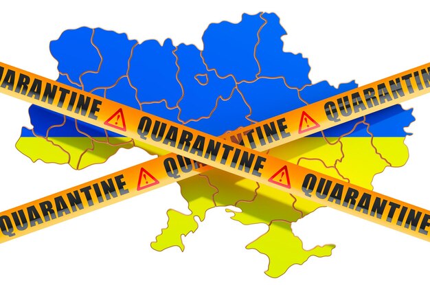 Concepto de cuarentena en Ucrania Mapa ucraniano con cintas de barrera de precaución Renderización 3D aislada en fondo blanco