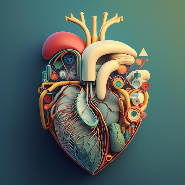 Concepto de cuidado del corazón Ilustración estilizada abstracta Anatomía y fisiología cardíaca Órgano artificial Día mundial del corazón Generado por IA