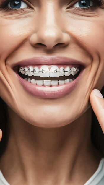 Foto el concepto de cuidado dental ortodóncico mujer sonrisa sana de cerca cerámica y soportes metálicos en