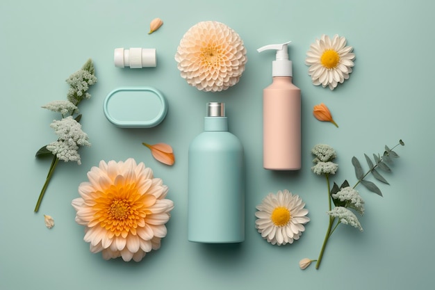 Concepto de cuidado de la piel floral fresco Vista superior plana de la botella de la bomba pipeta botellas y tubos de crema con flores sobre fondo azul pastel con un círculo vacío para texto o marca AI Generativo