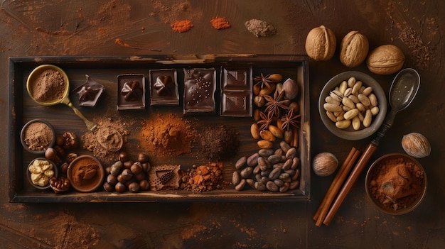 Un concepto culinario con dulces y confitería, incluido el chocolate con cacao de avellanas