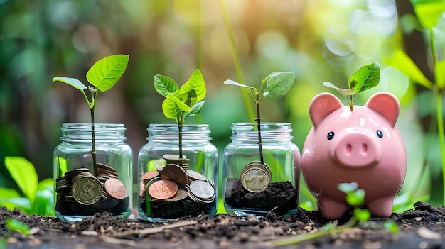 Concepto de cultivo de dinero con monedas en frasco y alcancía en suelo fértil con hojas verdes y luz solar en el fondo