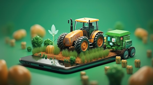 Foto el concepto de cultivo inteligente de un tractor en un teléfono inteligente que anuncia la gestión en línea de la empresa