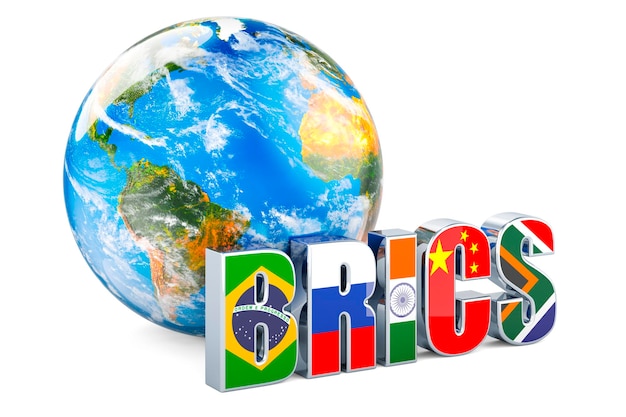 Foto concepto de la cumbre de los brics con earth globe, representación en 3d aislada sobre un fondo blanco