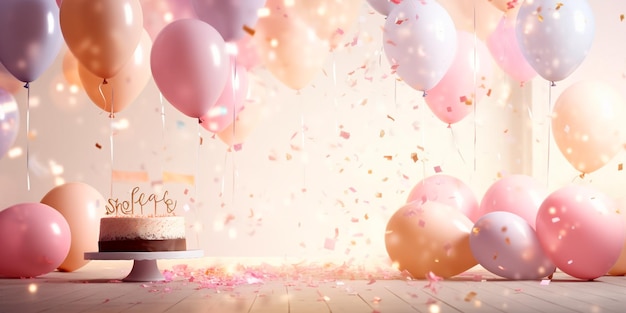 concepto de cumpleaños con globos de colores y pastel Ilustrador de IA generativa